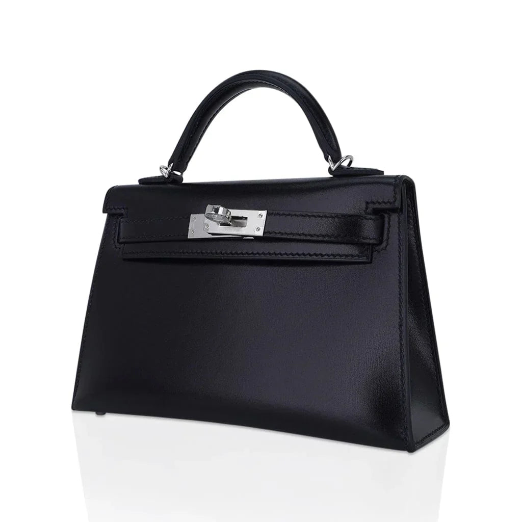 Kelly 20 Sellier Black Box Leather Mini Bag Palladium Hardware