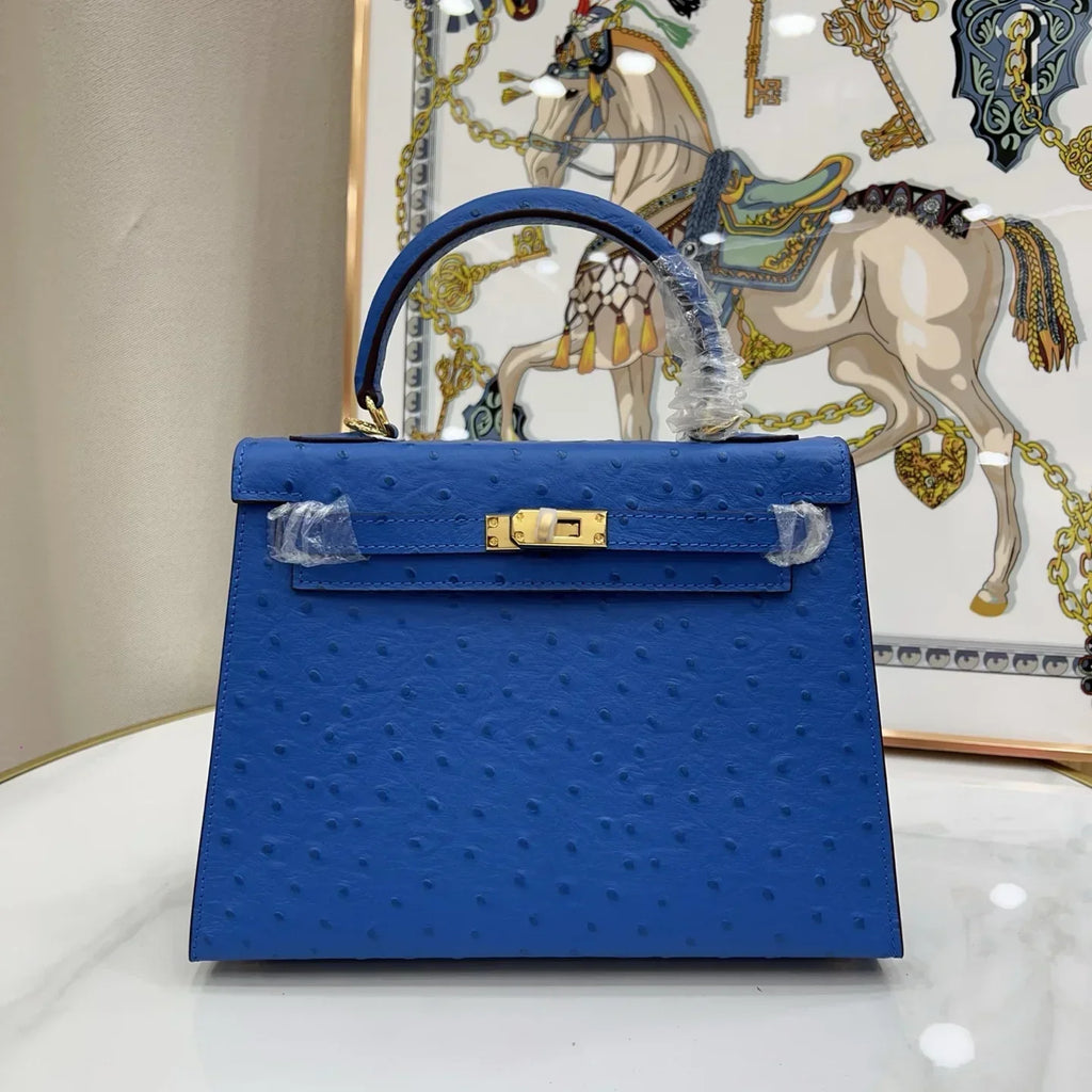 Kelly 25 Sellier Ostrich Bleuet Gold Hardware