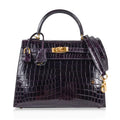 Kelly 25 Bag Sellier Crocodile Prunoir Gold Hardware