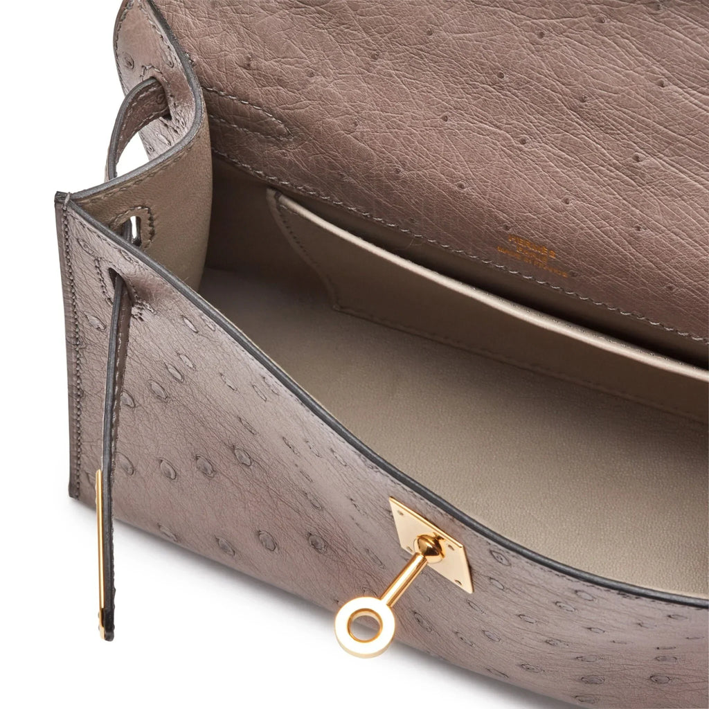 Kelly Pochette in Ostrich Leather with Gold Hardware Gris Tourterelle