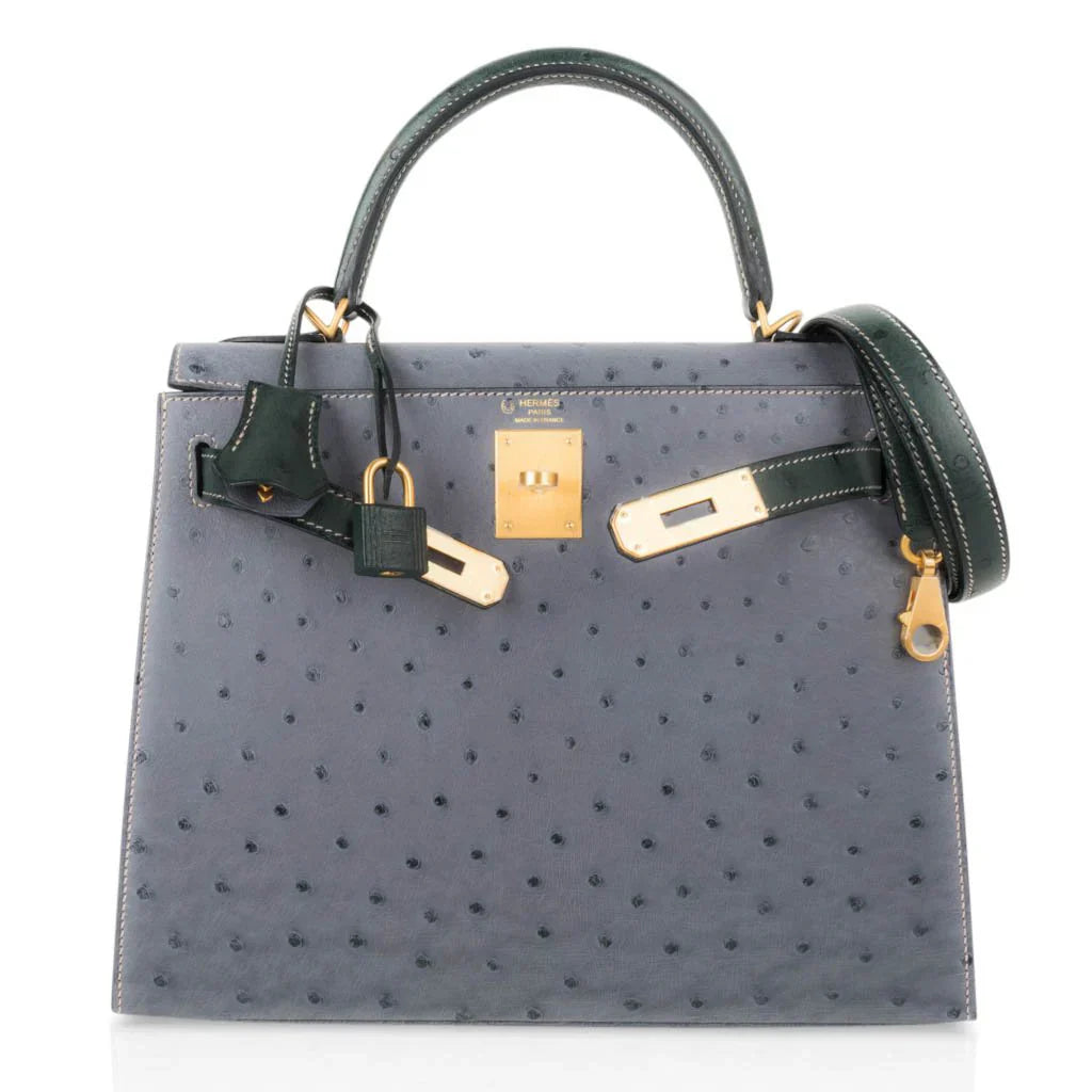 Kelly Sellier 28 HSS Bag Gris Agate / Vert Titien Ostrich Gold Hardware