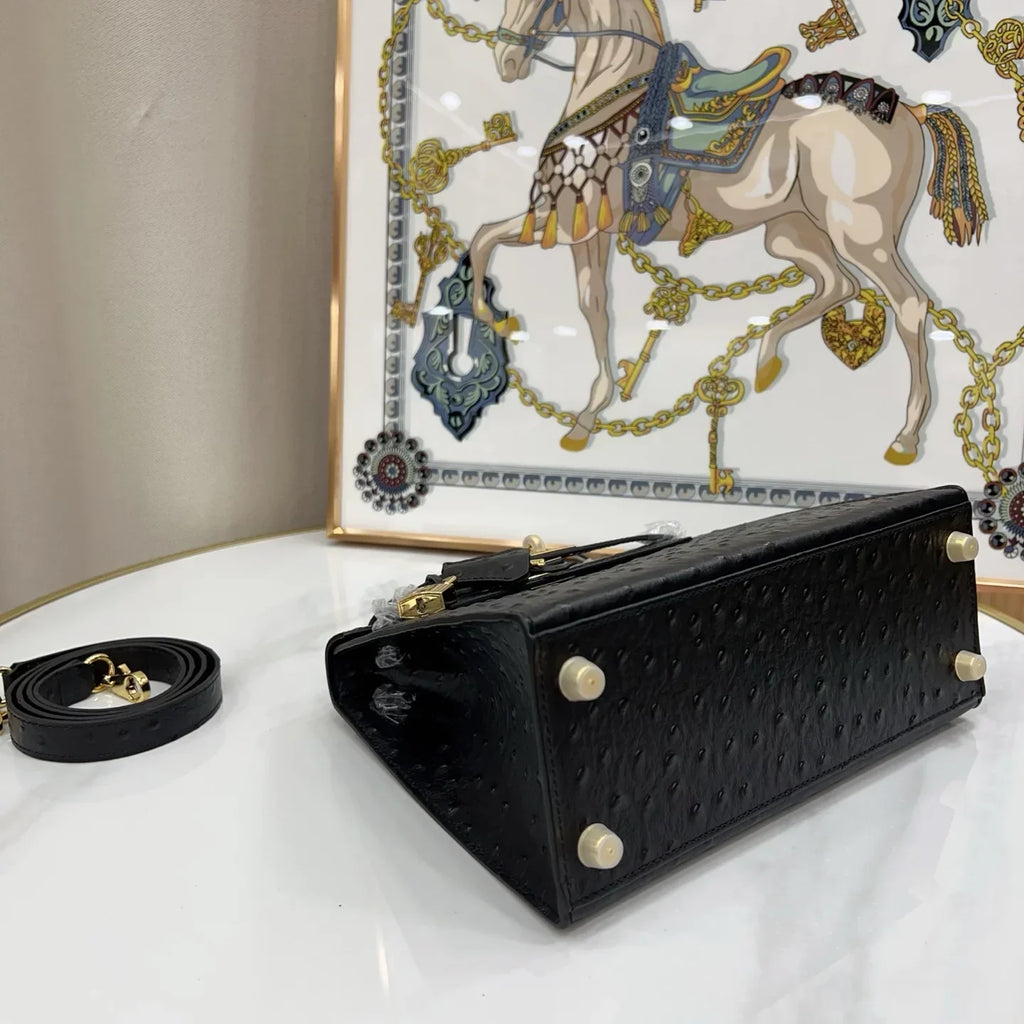 Kelly 25 Sellier Black Ostrich Gold Hardware