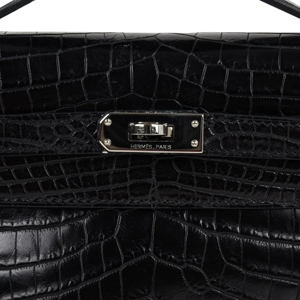 Kelly Pochette Bag Matte Black Crocodile Clutch Palladium