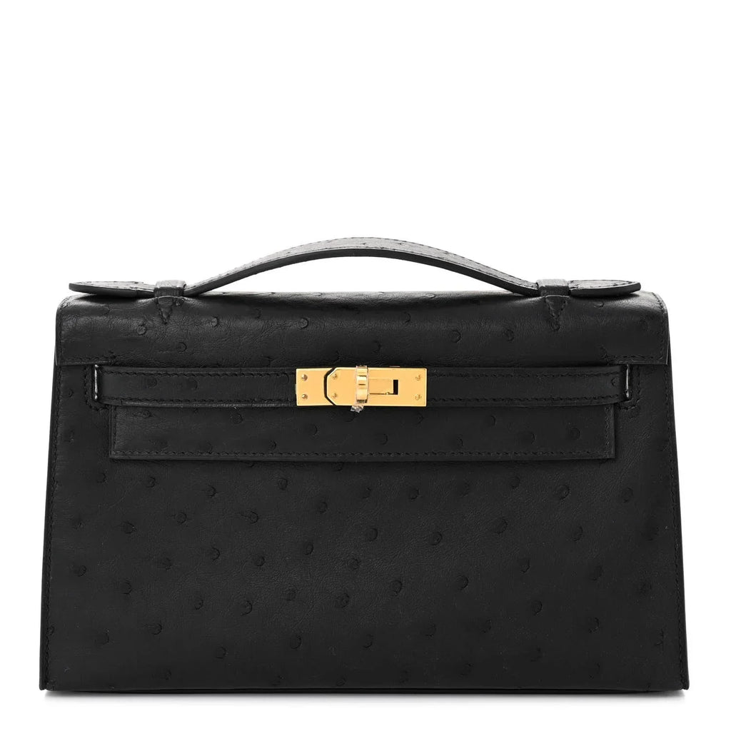 Kelly Pochette Black Ostrich Clutch Gold Hardware