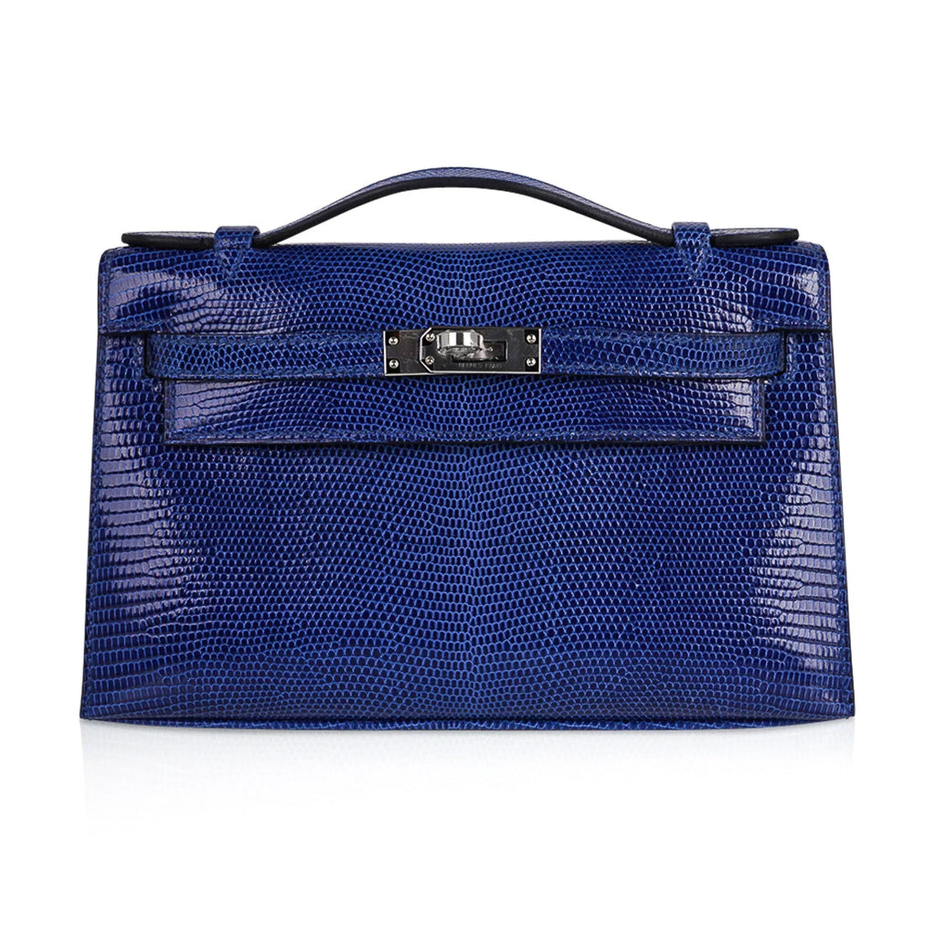 Kelly Pochette Bag Blue Sapphire Lizard Clutch Palladium Hardware