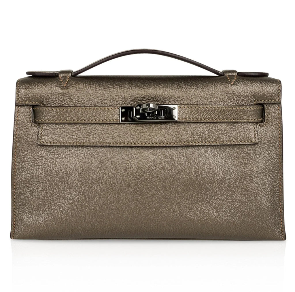 Kelly Pochette Metallic Bronze Clutch Bag Chevre Palladium