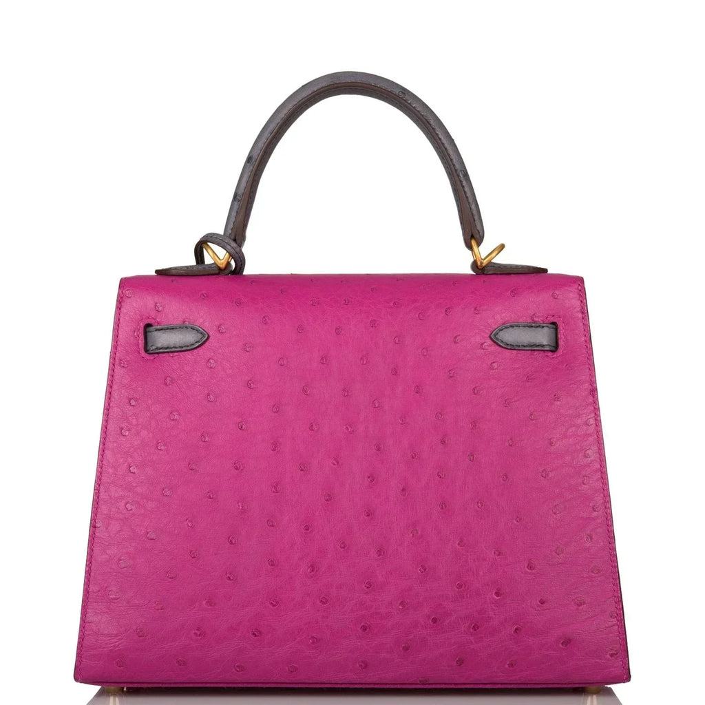 Kelly Sellier 25 Rose Pourpre and Gris Agate Ostrich Brushed Gold Hardware