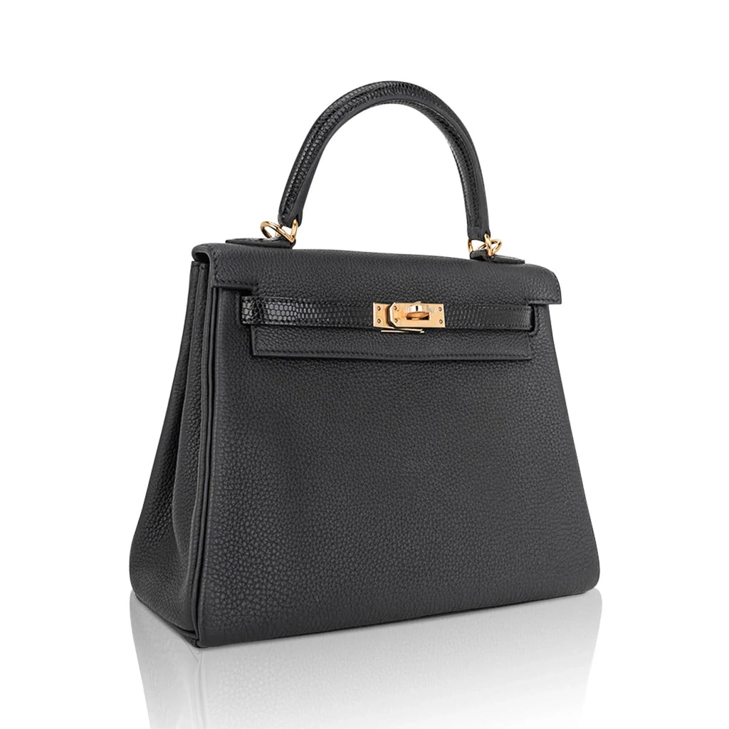 Kelly Touch 25 Retourne Bag Black Lizard Togo Leather Gold Hardware