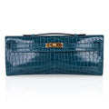 Kelly Cut Bag Blue Colvert Crocodile with Gold Hardware