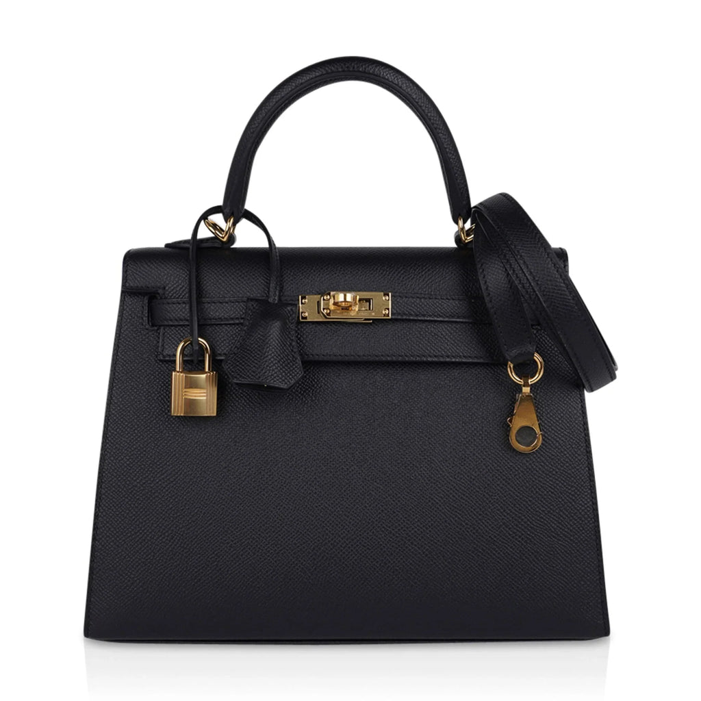 Kelly Sellier 25 Bag Black Epsom Gold Hardware New