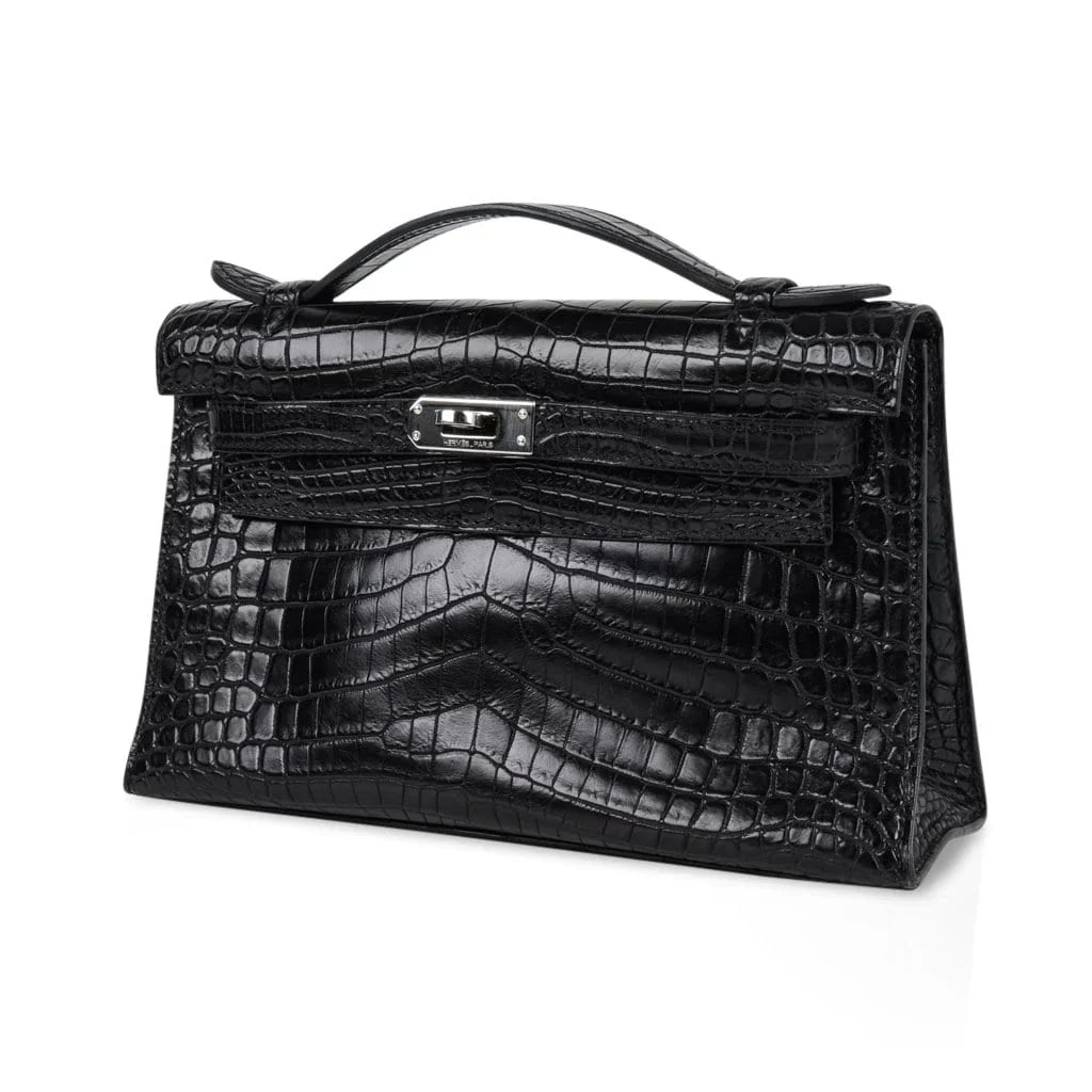 Kelly Pochette Bag Matte Black Crocodile Clutch Palladium