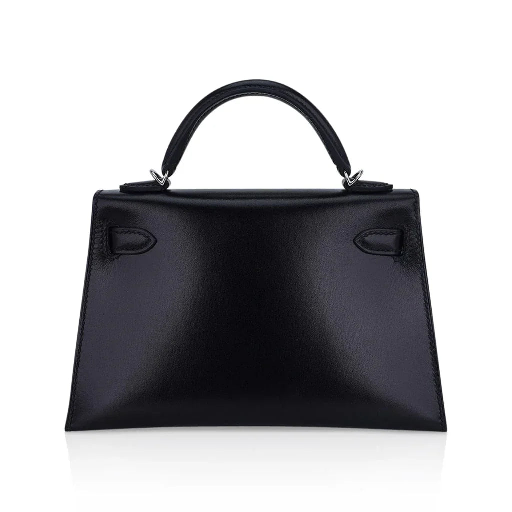 Kelly 20 Sellier Black Box Leather Mini Bag Palladium Hardware