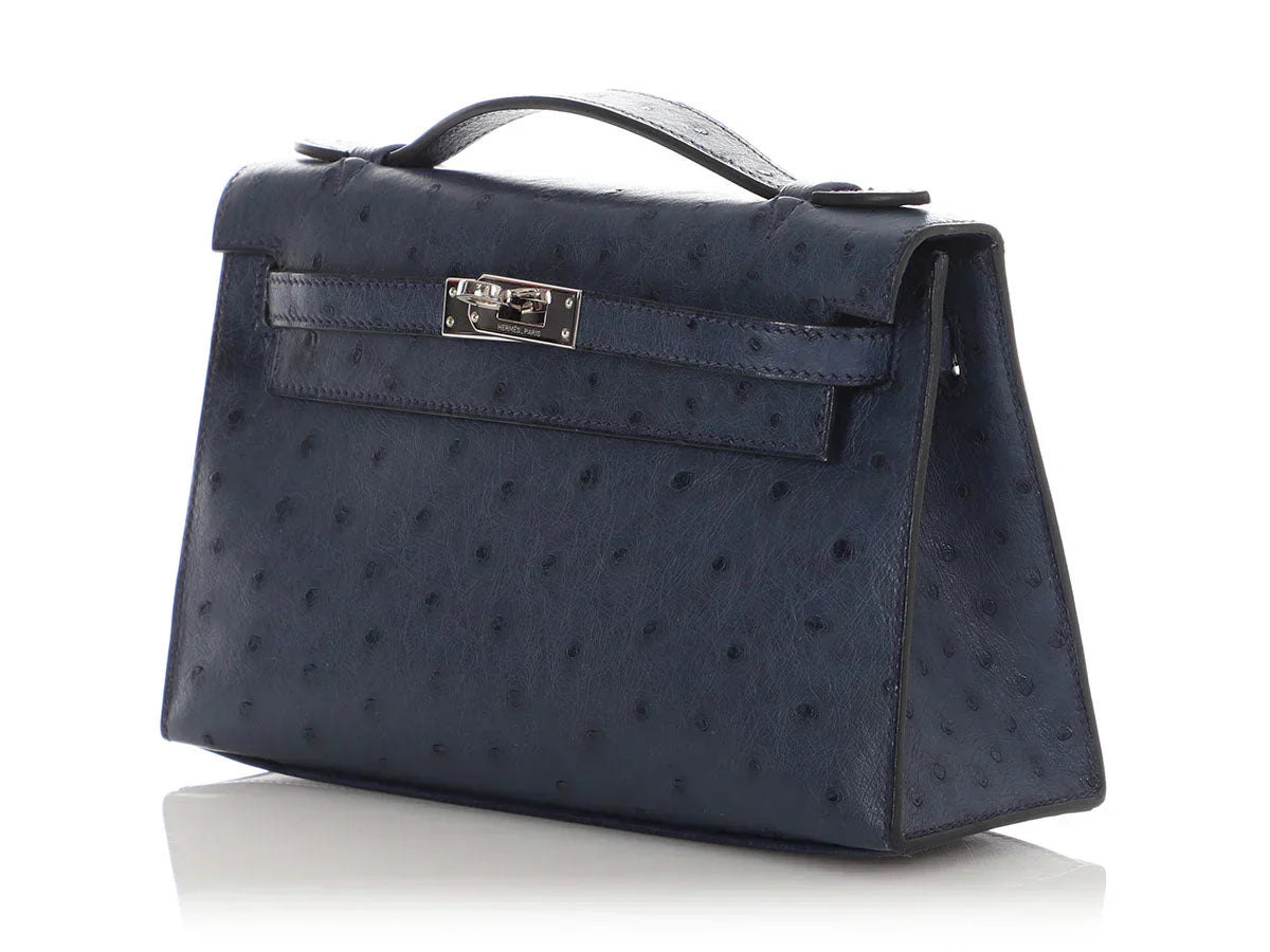 Kelly Pochette Clutch Bag crafted from top-layer cowhide with ostrich pattern