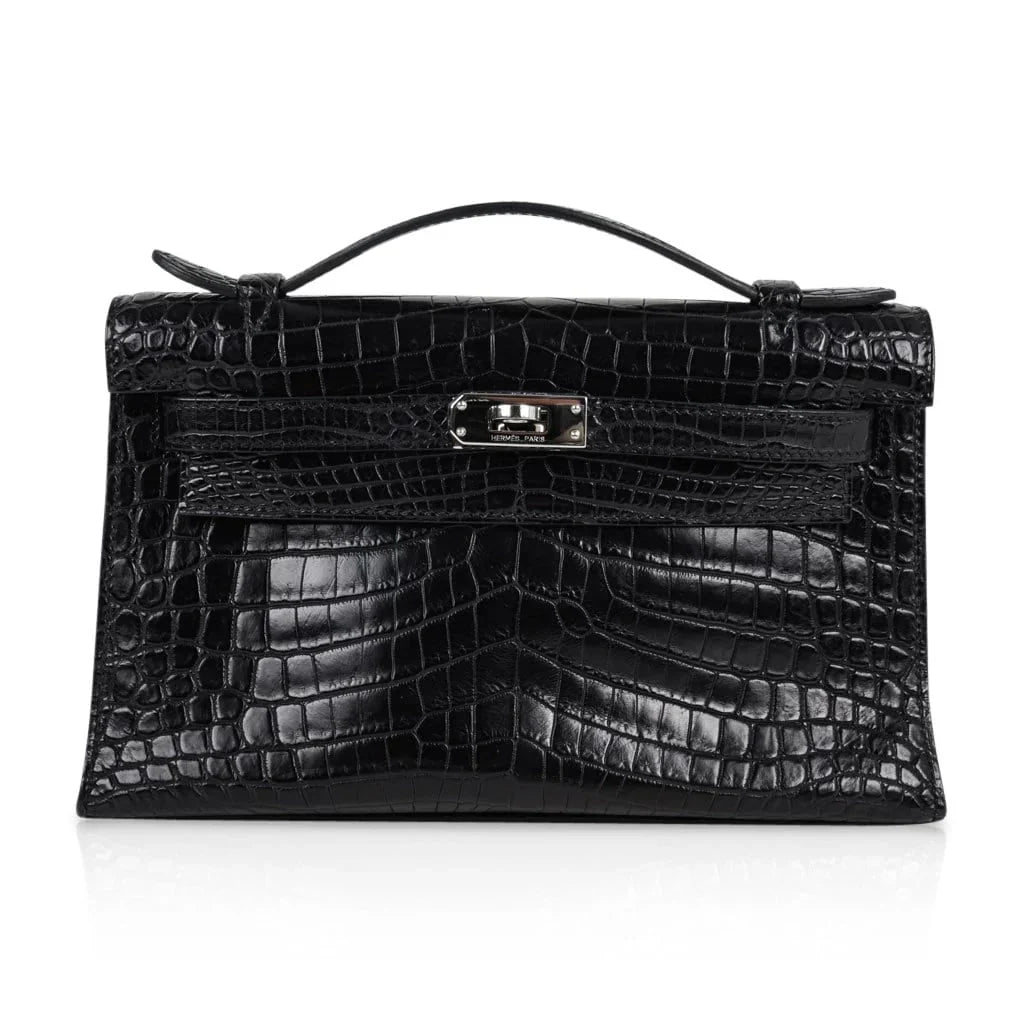 Kelly Pochette Bag Matte Black Crocodile Clutch Palladium